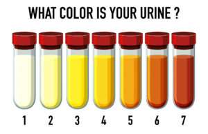 illustrates urine colour. different colours to indicate if one should reduce caffeine and drink more water